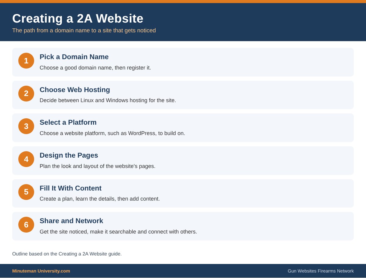 Six numbered steps for creating a Second Amendment website: domain name, web hosting, platform, design, content, and sharing